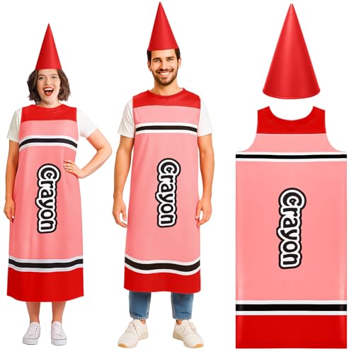 Tarpop Buntstift-Kostüm für Erwachsene, Buntstiftkleid und lustiger Zwergkegel, Hut, Halloween-Kostüm, Outfit für Lehrer, Familie, Cosplay, Rot/Ausflug, einfarbig (Getaway Solids), Crayon dress: about von Tarpop
