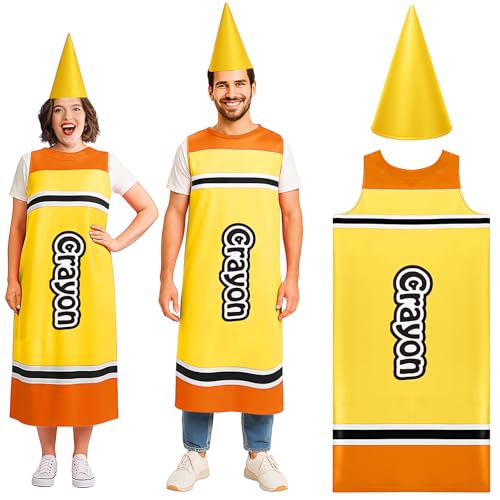 Tarpop Halloween-Kostüm für Erwachsene, Buntstiftkleid und lustiger Zwergkegel, Hut, Schulkostüme, Outfit für Lehrer, Cosplay, Gelb und Orange, Crayon dress: about 50 x 23.6 inches von Tarpop