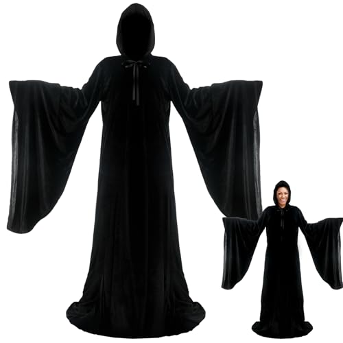 Tarpop Halloween-Umhang aus Samt, Unisex, schwarzer Kapuzenumhang für Damen und Herren, langer Samt-Zauberer-Robe für Hexe, Cosplay, Vampir-Kostüm, Einheitsgröße von Tarpop