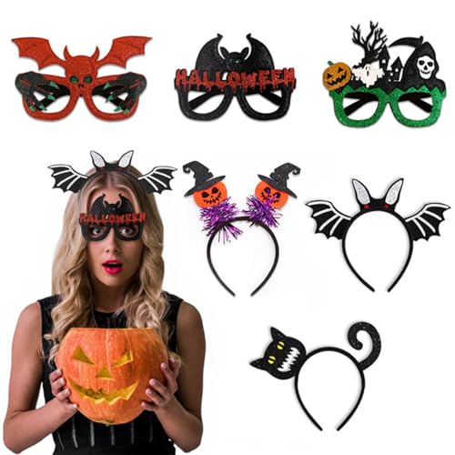 Tashce Halloween Stirnband und Brillen Set (6 Stück) für Horror-Partys – Inklusive Motive wie Fledermaus, Kürbis, Skelett, Dämon, Katze - Perfekte Halloween Requisiten Deko für Feste und Kostümpartys von Tashce