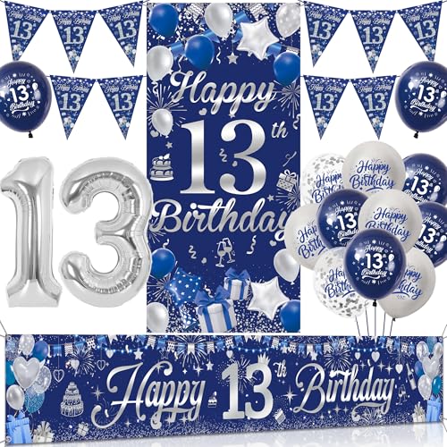 13 Geburtstag Deko Teenager Junge Set - Blau Silber Geburtstagsdeko mit Große Happy 13 Birthday Banner, Konfetti Ballons Wimpel und XXL Zahlen Luftballon für 13 Geburtstag Dekoration von Tasoraor