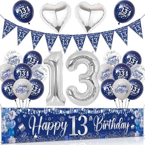 13. Geburtstag Deko Teenager Junge Set - Blau Silber Große Happy 13 Birthday Banner, Wimpel Konfetti Ballons und XXL Zahlen Luftballon für 13 Geburtstagsdeko von Tasoraor