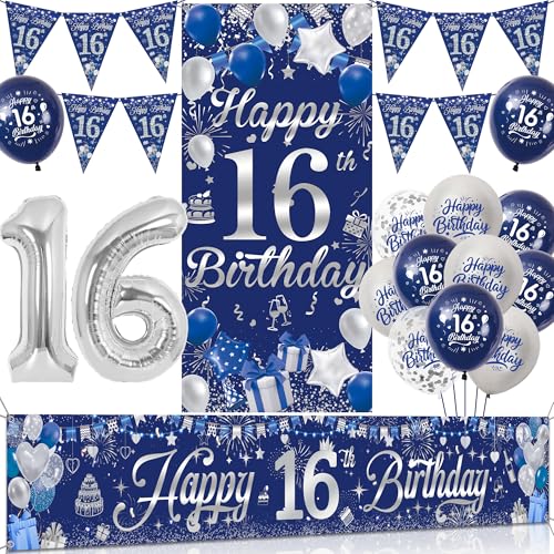 Tasoraor 16 Geburtstag Deko Junge Set - Blau Silber Geburtstagsdeko mit Große Happy 16 Birthday Banner, Konfetti Ballons Wimpel und XXL Zahlen Luftballon für 16 Geburtstag Dekoration Tasoraor 16 Geburtstag Deko Junge Set - Blau Silber Geburtstagsdeko mit Große Happy 16 Birthday Banner, Konfetti Ballons Wimpel und XXL Zahlen Luftballon für 16 Geburtstag Dekoration von Tasoraor