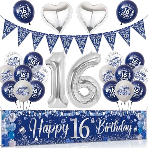 Tasoraor 16 Geburtstag Deko Junge Set - Blau Silber Große Happy 16 Birthday Banner, Konfetti Ballons Wimpel und XXL Zahlen Luftballon für 16 Geburtstagsdeko Tasoraor 16 Geburtstag Deko Junge Set - Blau Silber Große Happy 16 Birthday Banner, Konfetti Ballons Wimpel und XXL Zahlen Luftballon für 16 Geburtstagsdeko von Tasoraor