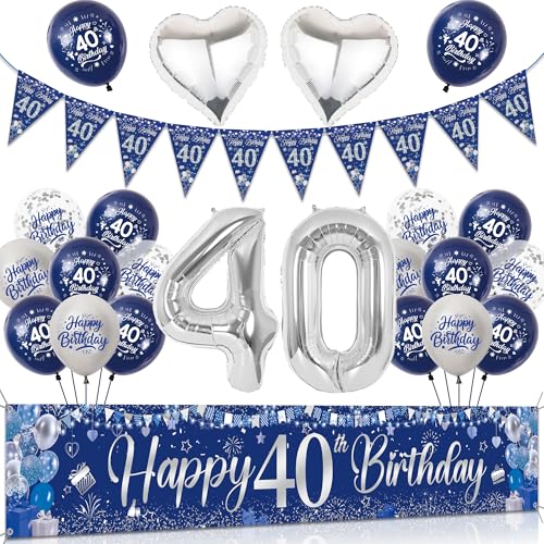 Tasoraor 40 Geburtstag Deko Mann Set - Blau Silber Große Happy 40 Birthday Banner, Konfetti Ballons Wimpel und XXL Zahlen Luftballon für Männer 40 Geburtstagsdeko von Tasoraor