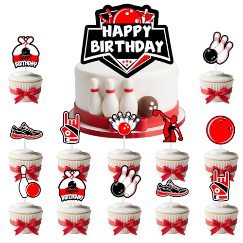 Tasoraor Bowling Tortendeko Geburtstag Deko - 25 Stück Bowlingkugel Geburtstagsdeko Rote Schwarz Kuchendeko, Cupcake Toppers für Kindergeburtstag Sport Mottoparty Dekoration von Tasoraor