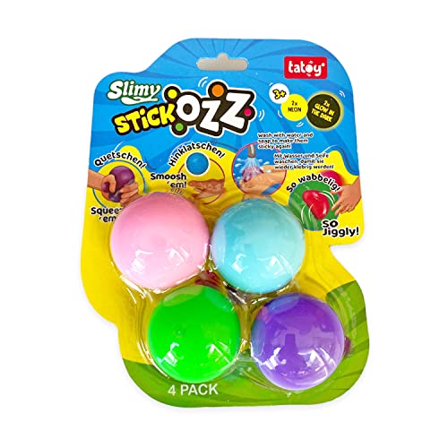 Tatoy Slimy StickOzz 4er Pack - 2 x Neon und 2 x GID Klebebälle zum Drücken, Quetschen und überall Hinwerfen, klebrige Spielbälle für Kinder, Sensory Antistress Fidget (ab 3 Jahre) von Tatoy