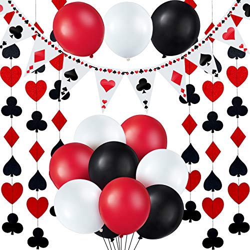 19 Stück Casino Party Dekorationen Poker Wimpelkette Banner Casino String Dekorationen Rot Schwarz Weiß Latex Ballons für Geburtstag Poker Themenparty Dekorationen von Tatuo