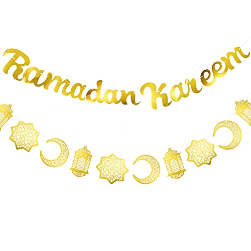 2 Stücke Ramadan Kareem Banner Gold Glitzerndes Banner und Mond Sterne Laterne Girlande Dekorative Eid Festival Hängende Girlanden für Haus Party Lieferung Ramadan Dekorationen von Tatuo