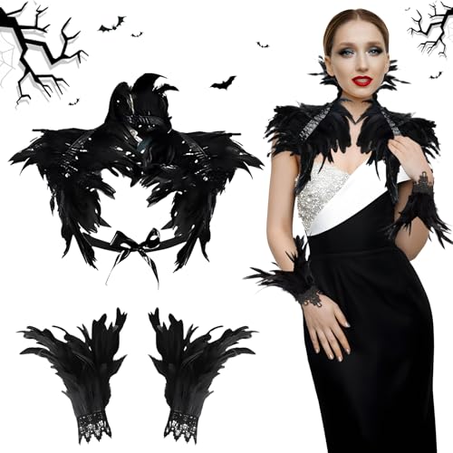 Karneval Federkragen Schwarz mit Feder Handschuhe Schwarz,Gothic Feder Achselzucken mit Feder Manschetten,Federcape,Damen Feder Umhang,Schwarzer Federumhang,für Karneval Maskerade Cosplay von Taufe