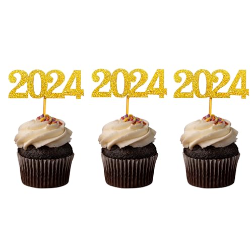 Tbay 24 Stück 2023 Cupcake Toppers, Glitzer 2023 Lebensmittel Kuchen Picks Dekoration für Geburtstag Hochzeit Neujahr Weihnachten Party Dessert Dekoration (Gold), ISD-WU8 von Tbay