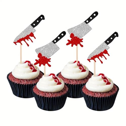 24 Stück Halloween-Cupcake-Topper – Glitzer-Blutmesser-Cupcake-Picks für Halloween-Party, Horror-Themen-Geburtstagstortendekorationen, gruselige Dessert-Picker von Tbay