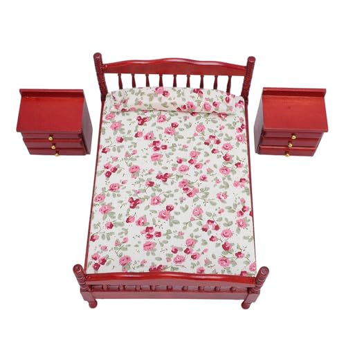 Tbest 1/12 Skala Dollhouse Möbelset, Holz -Miniaturbett mit Blumenbettwäsche, Funktionaler Garderobe und Schminktisch für Sammler, Modelldekoration, Einschließlich Bett, inklusive. von Tbest