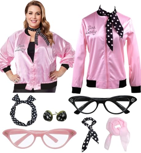 Tcairzl 1950er Jahre Damen Übergröße, rosa Damenjacke, Halloween, Cosplay, Kostüm, Verkleidung mit gepunktetem Schal, Ohrring-Set, Mit schwarzem Rand, XXL Tcairzl 1950er Jahre Damen Übergröße, rosa Damenjacke, Halloween, Cosplay, Kostüm, Verkleidung mit gepunktetem Schal, Ohrring-Set, Mit schwarzem Rand, XXL von Tcairzl
