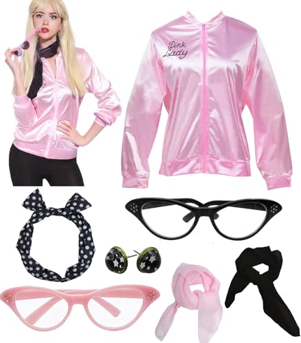 Tcairzl Halloween Cosplay Supplies Damen Retro Pink Lady 1950er Jahre Jacke Kostüm mit Polka Dot Halstuch Zubehör Set, Farbe: Rosa, XXL Tcairzl Halloween Cosplay Supplies Damen Retro Pink Lady 1950er Jahre Jacke Kostüm mit Polka Dot Halstuch Zubehör Set, Farbe: Rosa, XXL von Tcairzl