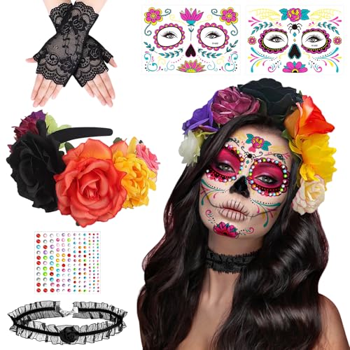 Halloween Tag der Toten Haarreif und Totenkopf Gesichtstattoo,Mexikanischen Blumen Kronen Kopfschmuck,Dia de los Muertos Haarreif,Dia de Muertos Haarrei,Für Cosplay Karneval Fasching Mottoparty Halloween Tag der Toten Haarreif und Totenkopf Gesichtstattoo,Mexikanischen Blumen Kronen Kopfschmuck,Dia de los Muertos Haarreif,Dia de Muertos Haarrei,Für Cosplay Karneval Fasching Mottoparty von Tccydm