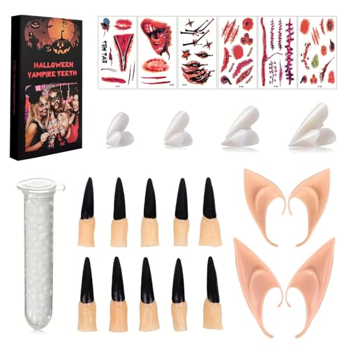 Vampir Zähne Halloween Set, 8 Vampirzähne mit 1 Tube Zahnpelletkleber, 6 Halloween Tattoos, 4 Elfenohren& 10 Krallen, Kinder Erwachsene Werwolf Halloween Schminke Accessoires für Horror Party von Tccydm