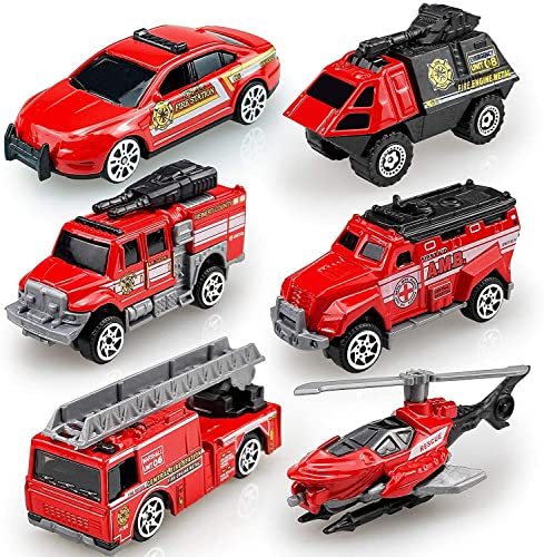Diecast Feuerwehrfahrzeuge Feuerwehrautos Spielzeug für 3 4 5 6 7 Jahre alte Jungen – 6 Pack Legierung Metall Feuerwehrautos Spielzeug Spielmodelle LKW & Hubschrauber für Kinder Kleinkinder Mädchen von Tcvents