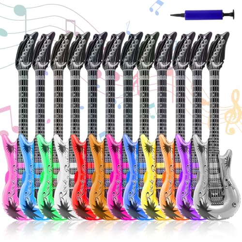 Tczecoo 12 Stück Aufblasbare Gitarre, Luftgitarren Bunt, 12 Farben Luftgitarre, Aufblasbare Luftgitarre, Luftgitarren Zum Aufblasen, Gitarre Aufblasbar mit Pumpe für Mottopartys Rock Party Deko, 89cm von Tczecoo