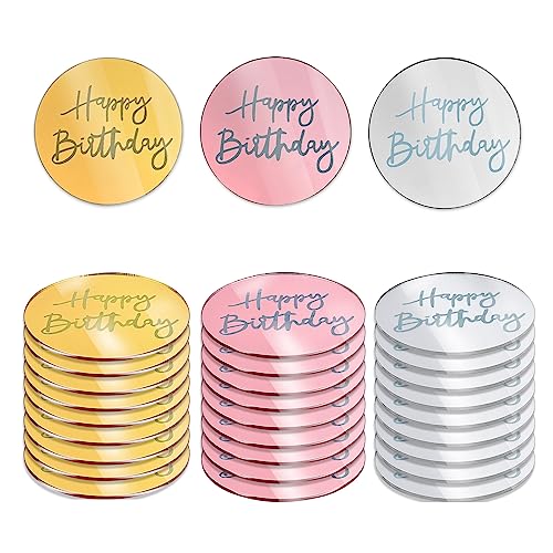 30 Stück Happy Birthday Topper Acryl, Spiegel Acryl Happy Birthday, Acrylscheibe, Cake Topper Personalisiert, Rund Kuchen Topper Für Cupcake Geburtstag Party DIY Dekoration(Gold, Silber, Roségold) von Teaaha