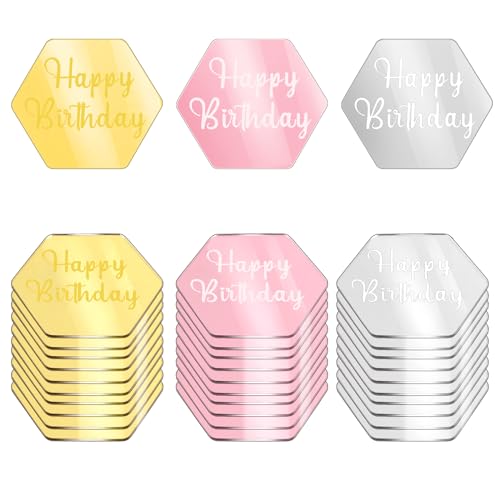 30 Stück Happy Birthday Topper Acryl, Spiegel Acryl Happy Birthday, Cake Topper Personalisiert, Sechseckiger Kuchen Topper für Cupcake Geburtstag Party DIY Dekoration(Gold, Silber, Roségold) von Teaaha