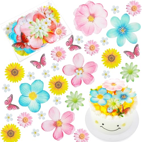 55 Stück Esspapier Tortendeko Essbare Schmetterlinge Blumen Torten Deko Küchendeko Essbar Muffin Deko Tortendeko Essbar Mädchen für Hochzeit Geburtstag Babyparty Dekorationen von Teaaha