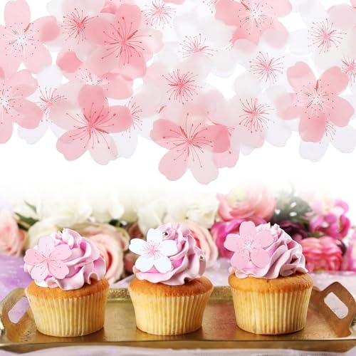 60 Stück Torten Deko Blumen, Tortendeko Blumen, Essbare Blüten Tortendeko Rosa Kirschblüten Deko Essbar aus Esspapier Cupcake Kuchendekoration für Hochzeit Geburtstag Party Baby Dusche Zubehör von Teaaha