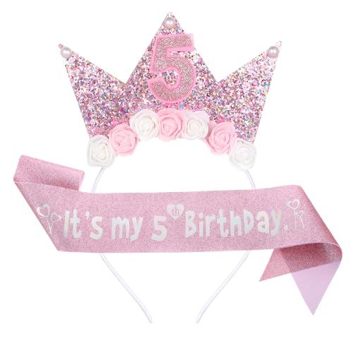 Geburtstag Krone It's My 5 Birthday Schärpe 5 Geburtstag Dekorationen für Mädchen 5 Jahre alt Rosa Geburtstag Mädchen Schärpe und Tiara Outfit Glitzer Blume Prinzessin Krone Stirnband für Party von Teaaha
