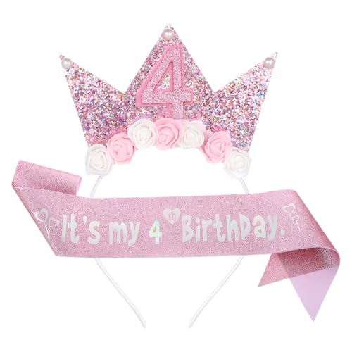 Geburtstag Krone It's My Birthdays Schärpe 4/5/7 Geburtstag Dekorationen für Mädchen, 4/5/7 Jahre alt Rosa Geburtstage Mädchen Schärpe und Tiara Outfit Glitzer Blume Prinzessin Krone Stirnband für von Teaaha