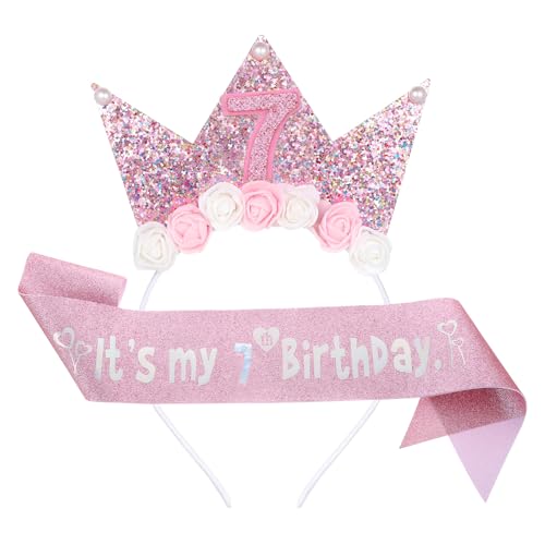 Geburtstag Krone It's My Birthdays Schärpe 4/5/7th Geburtstag Dekorationen für Mädchen 4/5/7 Jahre alt Rosa Geburtstage Mädchen Schärpe und Tiara Outfit Glitzer Blume Prinzessin Krone Stirnband für von Teaaha