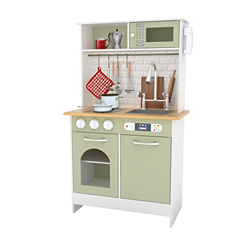 Teamson Kids Küche Für Kinder Aus Holz Little Chef Boston mit Interaktiven Funktionen & 9 Kochzubehör, Hellgrün/Weiß TD-12679E von Teamson Kids