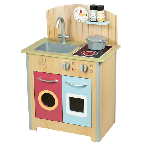 Teamson Kids Küche Klassisch Für Kinder Aus Holz Little Chef Porto Holzküchen-Spielset mit Interaktiven Funktionen & 4 Kochzubehör Natur TD-13595C von Teamson Kids