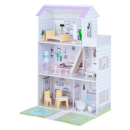 Olivias Little World Giant Doll House mit 16 Puppenzubehör, Holzpuppenhaus mit Möbeln, 3 -stöckig, Kinderpuppenhaus für 12 Zoll/30 cm Puppen, Alter 3 Jahre+ von Olivia's Little World