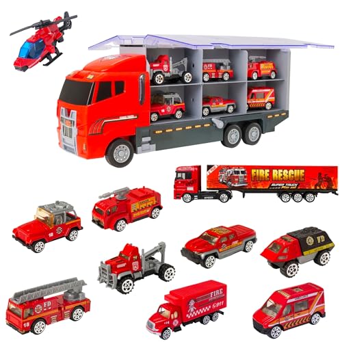 Teamsterz Feuerwehrauto Transporter Spielset | Transporter für Feuerwehr Fahrzeuge | Sandkasten-Spielzeug | Spielzeugauto-Launcher | Lagerung und Rampe für Feuerwehrautos klein | Ab 3 (Feuer) von Teamsterz