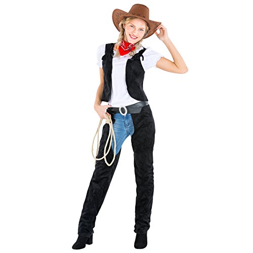 dressforfun Frauenkostüm Cowgirl | Stretch- Shirt + Weste + Chap und Halstuch | Cowboy Sheriff Faschingskostüm (XXl | Nr. 300563) von tectake