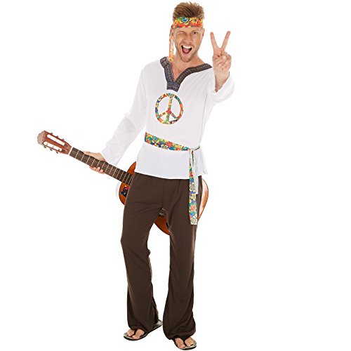 TecTake dressforfun Herrenkostüm Hippie Jimmy | Shirt mit Peace-Zeichen | Schlaghose mit Gummiband | inkl. Haarband und Bindegürtel (XL | Nr. 300955) von TecTake