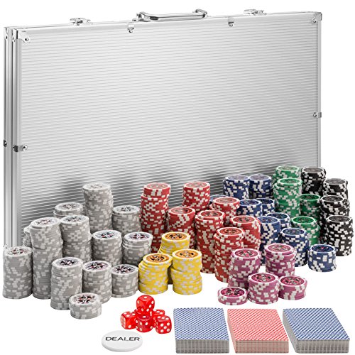 tectake 402561 Pokerkoffer Pokerset mit Laser Pokerchips im Alu Koffer, 1.000 Chips, inkl. 3 Kartendecks + 5 Würfel + 1 Dealer Button, Silber von tectake