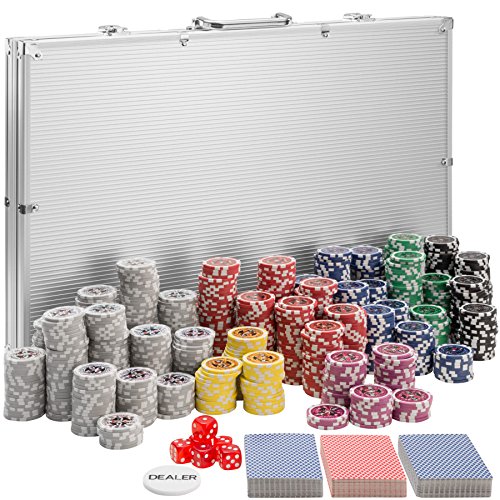 tectake® Pokerkoffer, Pokerset, Alu Koffer Set mit Pokerchips, Poker Koffer mit 1000 Poker Chips, inkl. 3 Kartendecks + 5 Würfel + 1 Dealer Button, Silber von tectake
