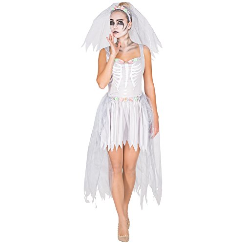 dressforfun Aufwendiges Zombie Braut Skelett Brautkleid Damen Kostüm inkl. Schleier mit Tüll und Blumen (L | Nr. 300060) von tectake