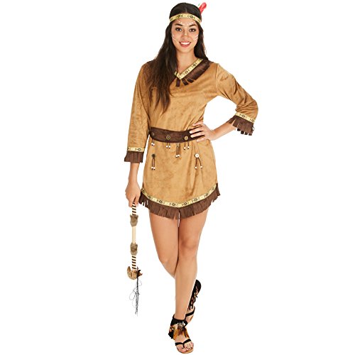 dressforfun Frauenkostüm Indianerin Apachin | Kleid + Gürtel & Haarband mit Federn | Indianer Cowboy Verkleidung (L | Nr. 300628) von tectake