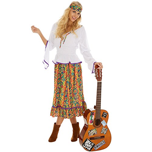 dressforfun Frauenkostüm Lady Love & Peace | Oberteil mit lila Borte || Langer Rock mit Blumenprint || inklusive Haarband - S von dressforfun