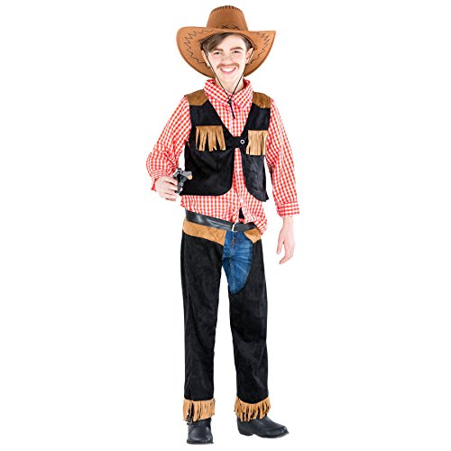 dressforfun Jungenkostüm Cowboy | Kostüm mit Chap- Hose + karriertem Hemd + Weste in Velourslederoptik (5-7 Jahre | Nr. 300537) von tectake