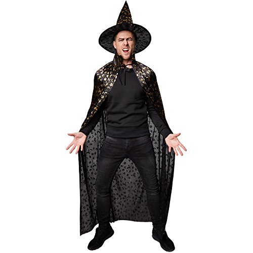 tectake dressforfun Unisex Set Hut und Umhang Halloween | Bestehehend aus edlem Hut und Umhang | Zauberhafter, Goldener Halloween-Kürbis-Aufdruck (120 cm | Nr. 301658) von tectake