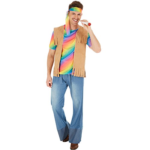dressforfun Herrenkostüm Hippie Peace | Cooles, buntes Elastik-Jersey-T-Shirt | Lässige Schlaghose mit Gummizug in Jeansoptik | inkl. Weste mit Fransen in Velourslederoptik, Haarband (L | Nr. 300949) von dressforfun