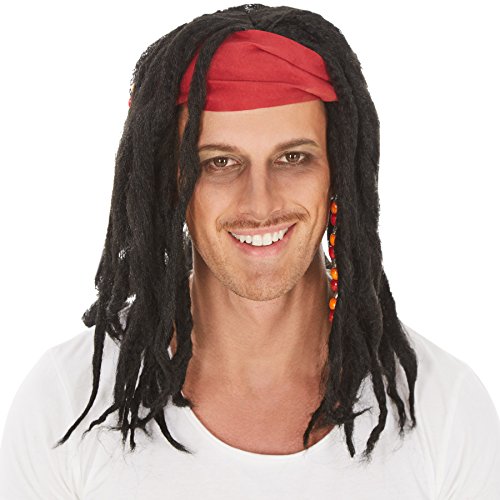 dressforfun Perücke lange schwarze Rasta-Zöpfe| Strähnen mit Perlen- Verzierungen | Haarband | Pirat Piratenbraut Reggae von tectake