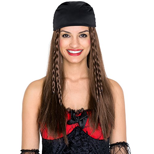 dressforfun Frauen Perücke lange braune Haare mit Zöpfen | mit Kopftuch | Pirat Seemann Piratenbraut von tectake