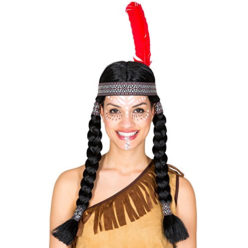 dressforfun Perücke mit zwei geflochtenen Zöpfen | schwarz + Haarband mit Federn | Indianerin Squaw Fasching von tectake