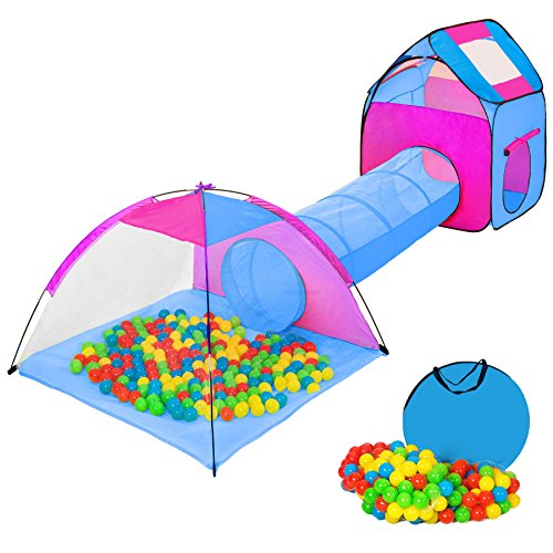 tectake® Iglu Kinderspielzelt Spielhaus Kinderzelt mit Krabbeltunnel + 200 Bälle + Tasche - Diverse Farben - (Pink-Blau | Nr. 401233) von tectake