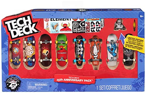 Tech Deck - 25th Anniversary Pack, 8er-Set mit Finger-Skateboards der coolsten Skate-Marken der letzten 25 Jahre, Zubehör: Dude Skater-Sammelfigur, Sticker-Sets der enthaltenen Marken, ab 6 Jahren von Tech Deck
