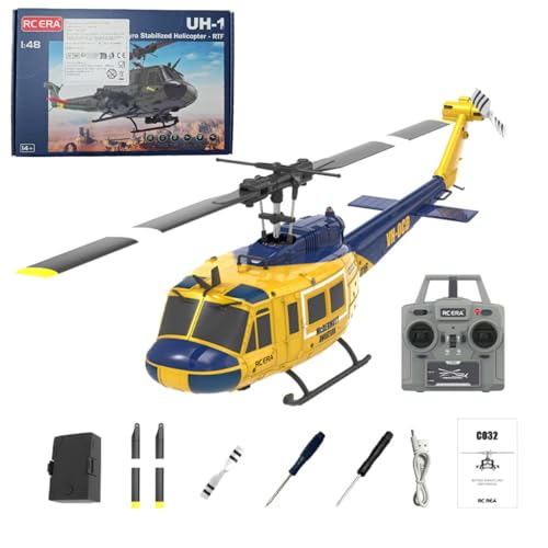 TechSpieler 1/48 C032 UH-1 Huey RC-Hubschrauber, 2,4 GHz, 6-Kanal, flybarless Flugzeugmodell mit optischer Flusspositionierung, Rückenflug und Bewaffnungsaufsatz (Gelb-Blau) von TechSpieler